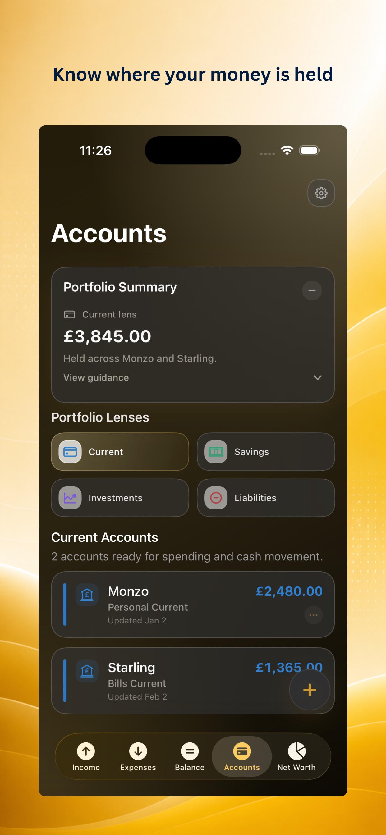 Ascentist Finance Accounts screen showing a private local account overview
