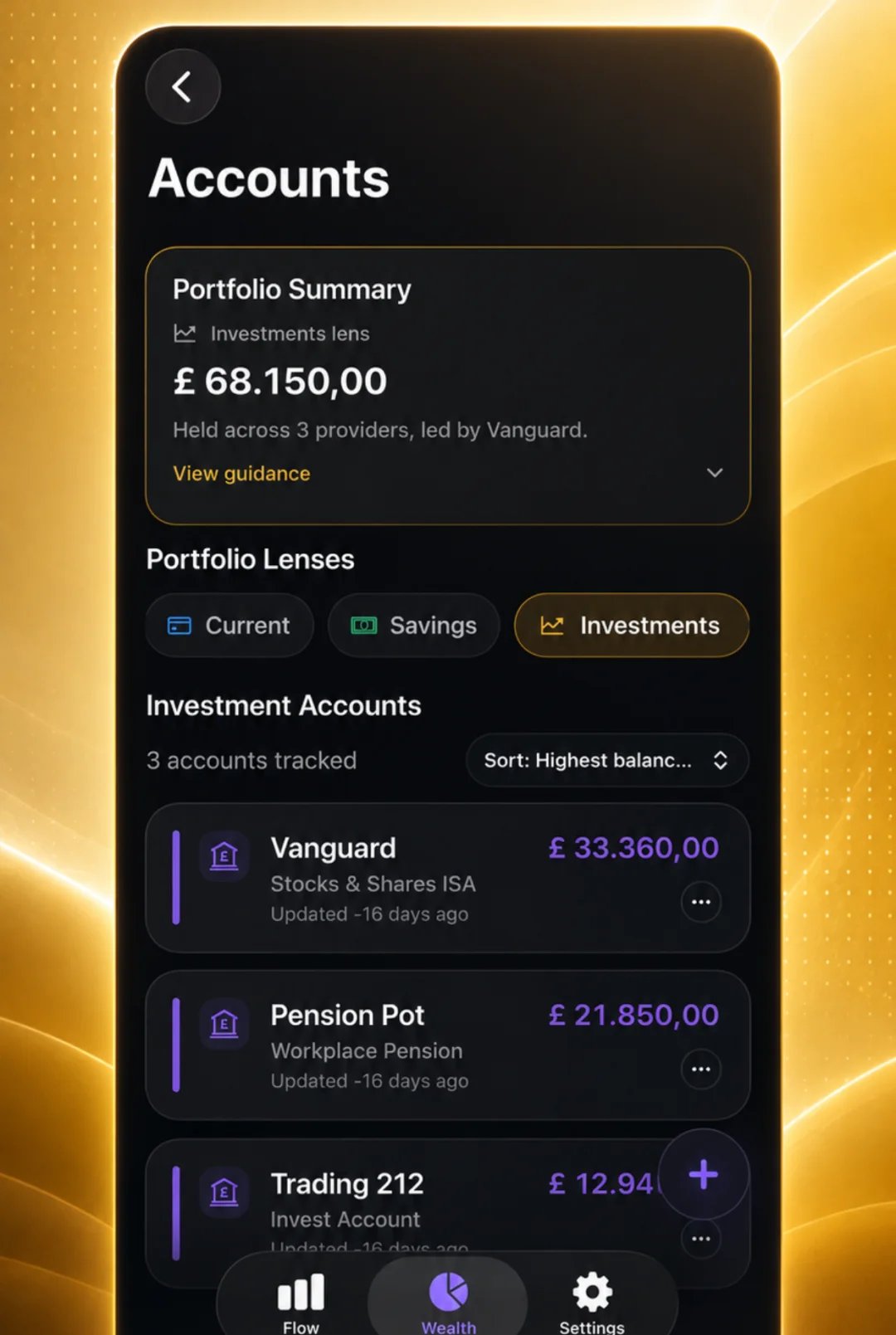 Ascentist Accounts screen grouping investment accounts with portfolio lenses.