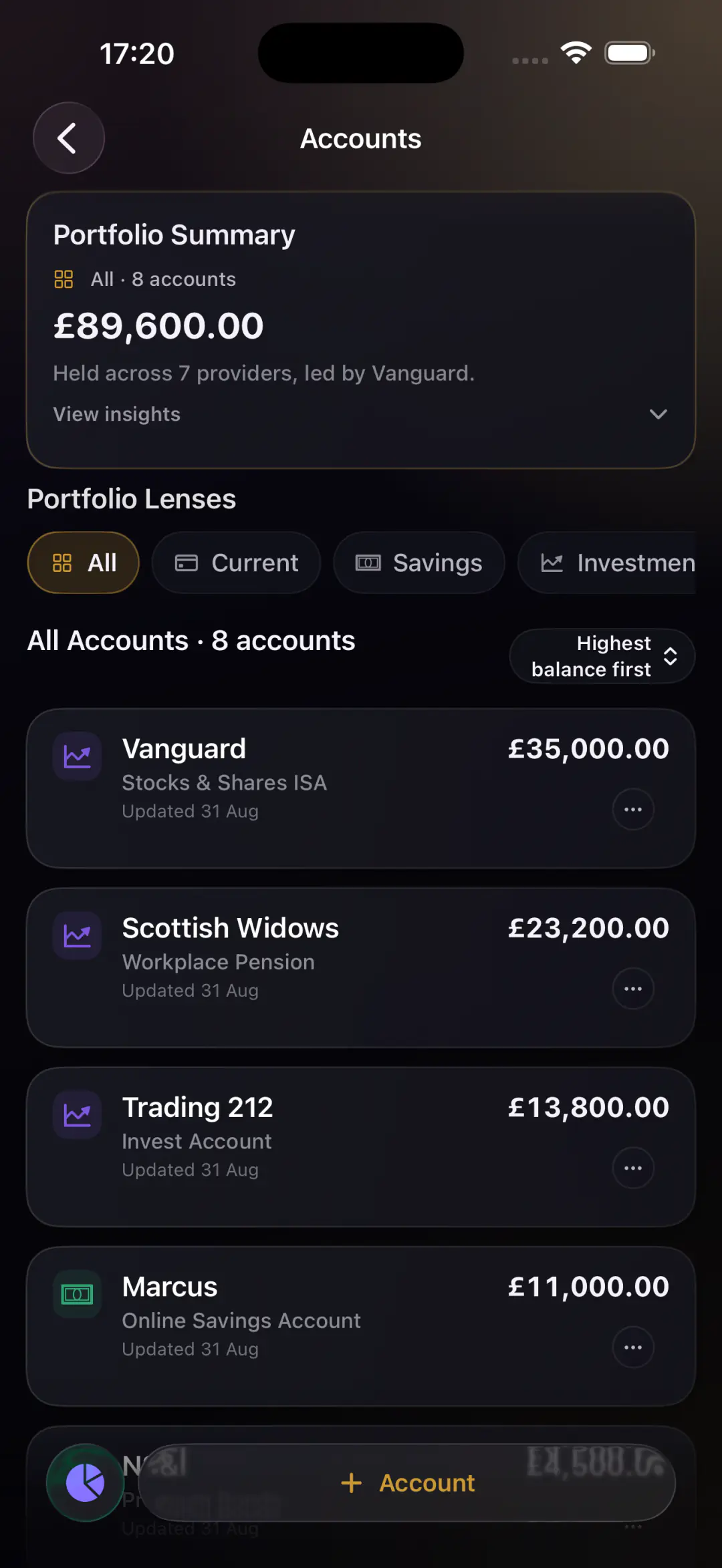 Accounts showing portfolio lenses and account balances in pounds.