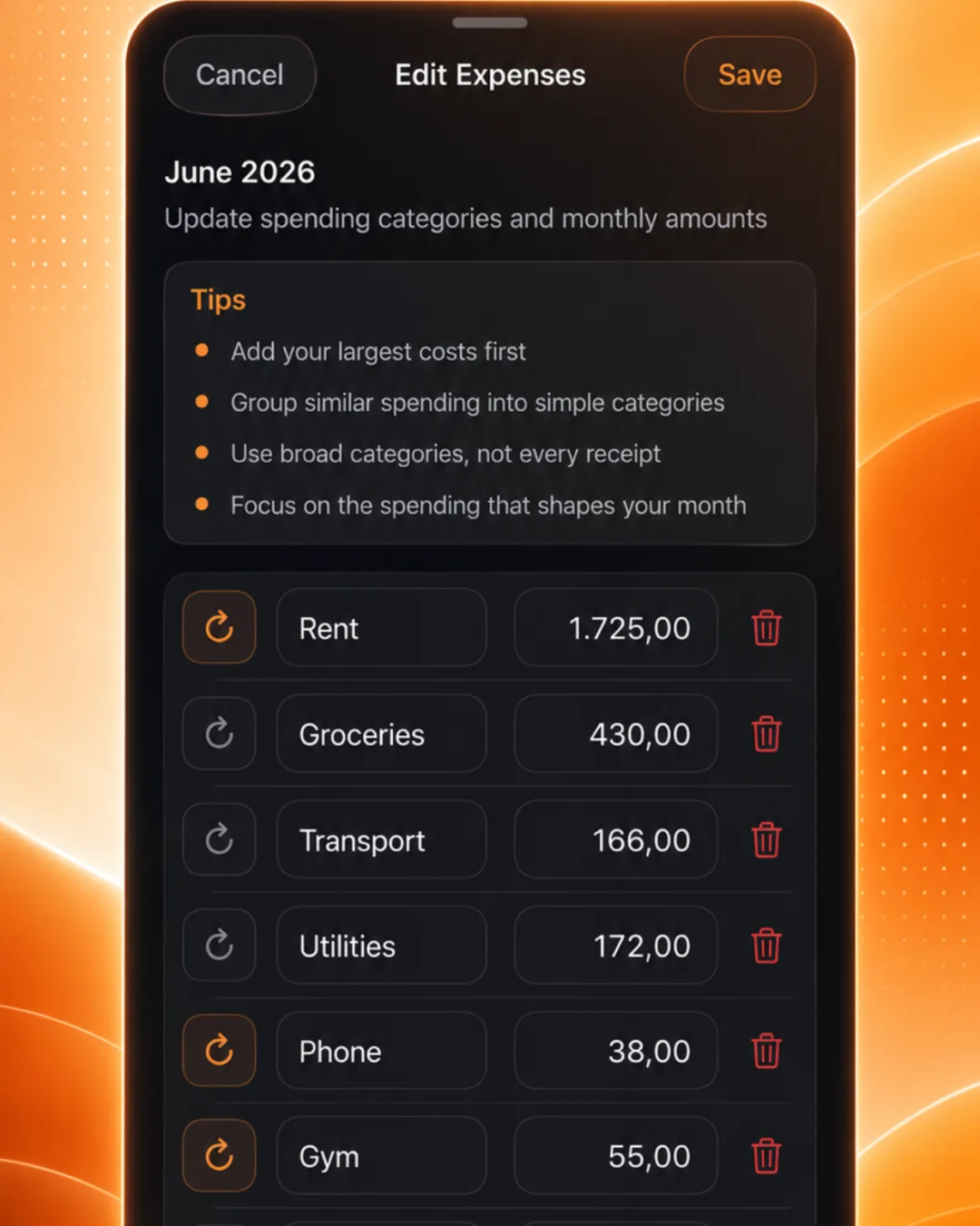 Ascentist Expenses editor showing monthly categories and recurring expenses.