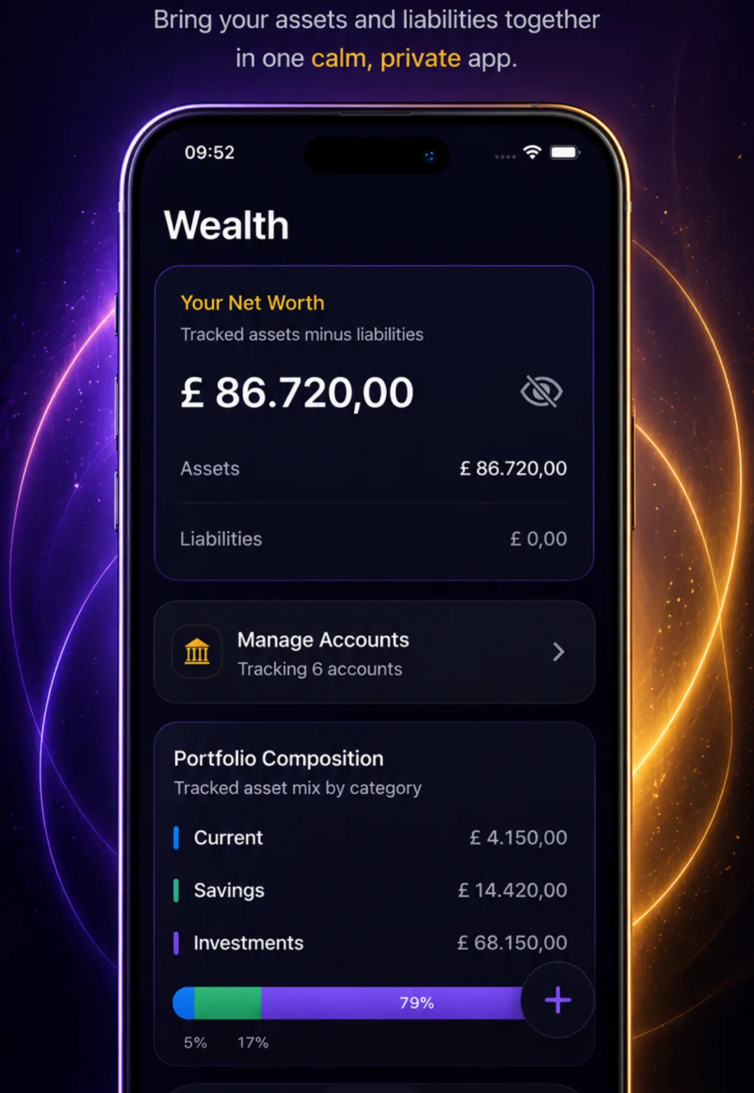 Ascentist Wealth screen showing net worth, assets, liabilities and portfolio composition.