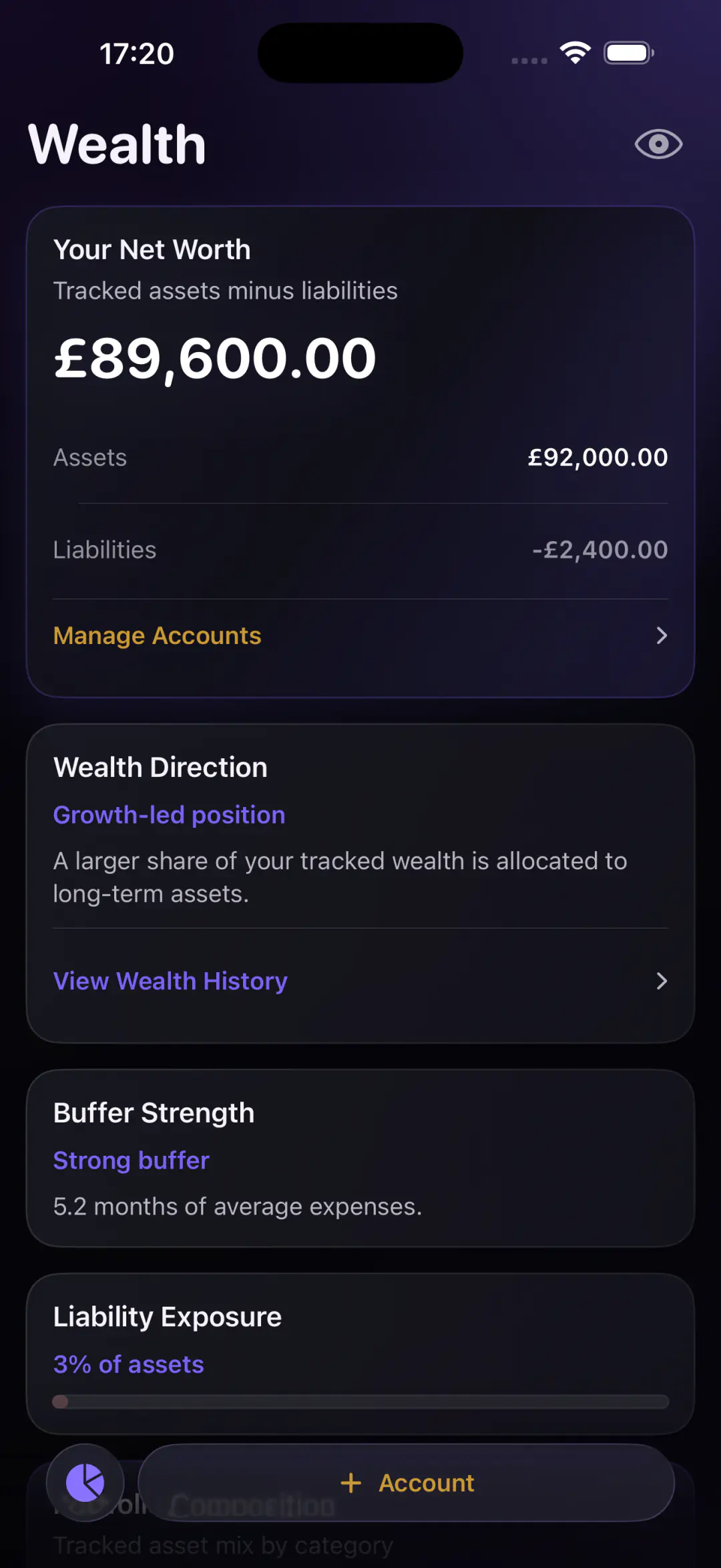 Wealth showing net worth, assets, liabilities and wealth direction in pounds.