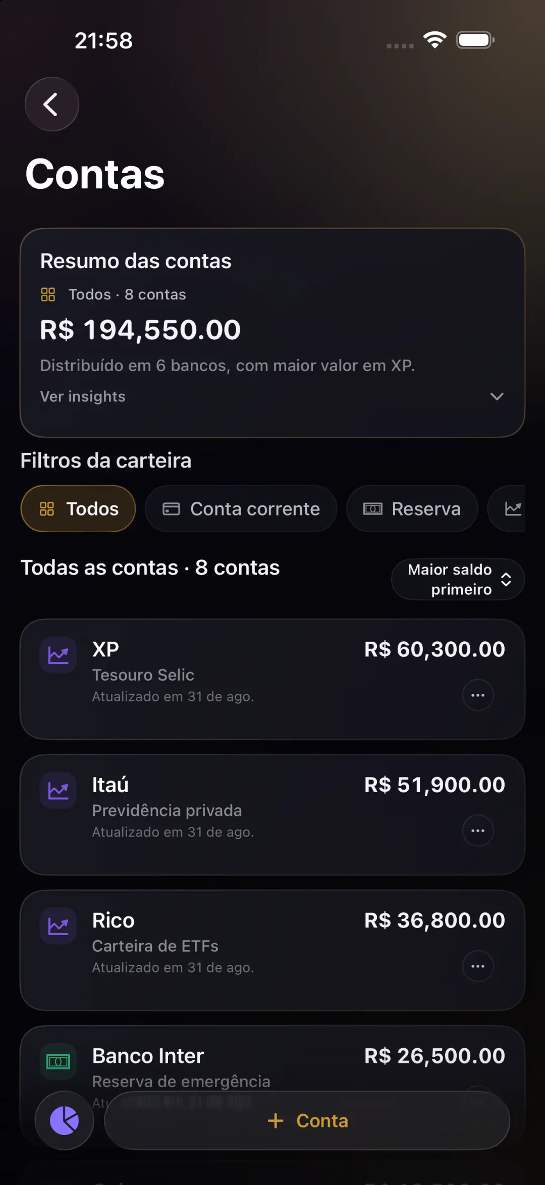 Contas com filtros da carteira e saldos em reais.