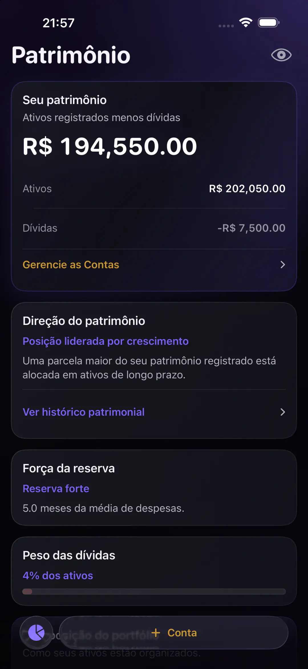 Patrimônio com ativos, dívidas e direção do patrimônio em reais.